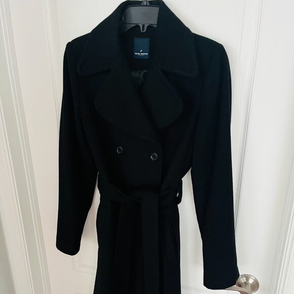 Daniel Hechter Paris Black Wool Blend Double Breasted Trench Coat Tie Waist Belt - Picture 2 of 10